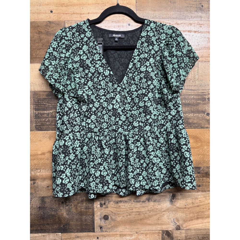 Madewell Floral V-Neck Peplum Top Mint Green Black‎ Flutter Sleeve Ruffle Blouse